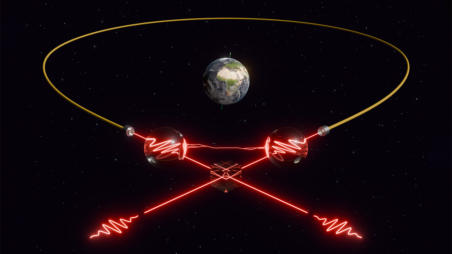 Red squiggles representing photons are sent to a loop representing the optical fiber in an interferometer, which surrounds the soil on a star background