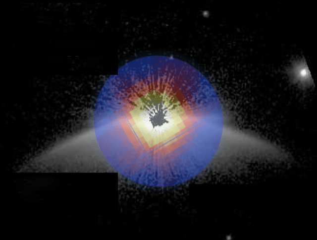 Concentric ring with yellow, red and blue pixels, overlapping in a bow of white dots on a black background