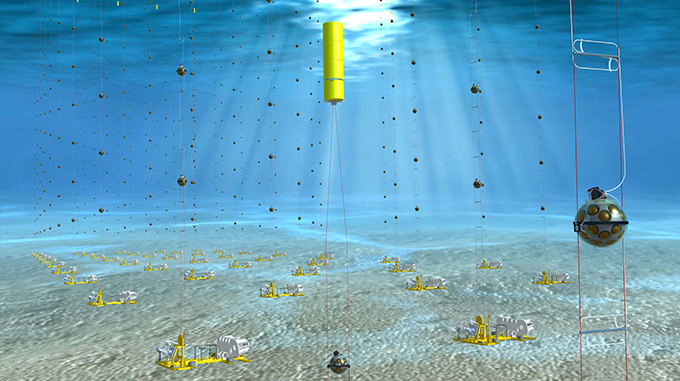 An illustration shows an underwater view of a yellow rod linging under the surface of the ocean toward the sea